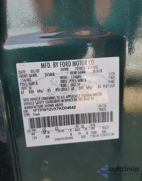 2007 Ford F150 Supercrew from USA, damaged, VIN 1FTPW12VX7KD04642